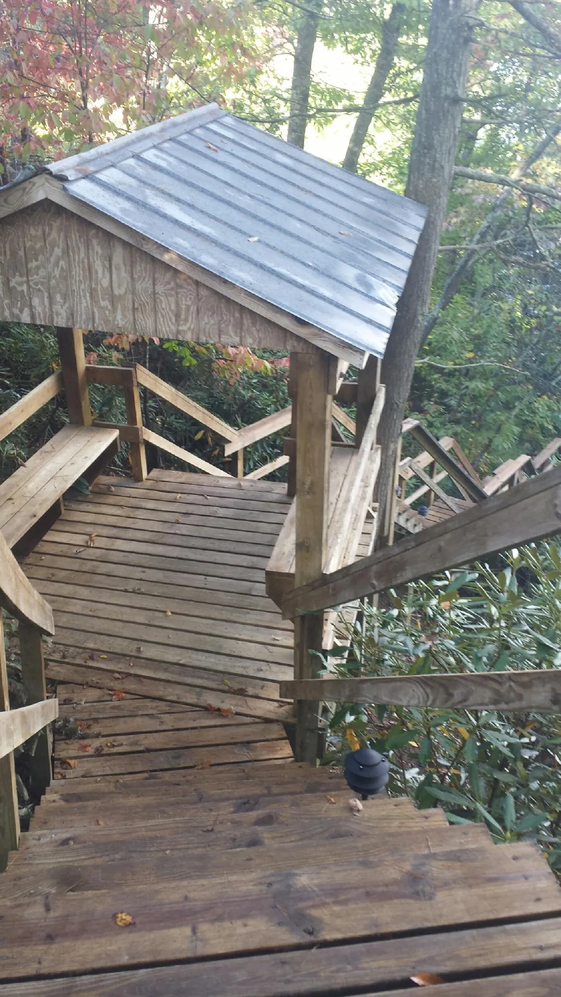 Metal roofed shelter over wooden steps on a wooded walkway — Skylight Repair & Installation work by our crew in Timmonsville